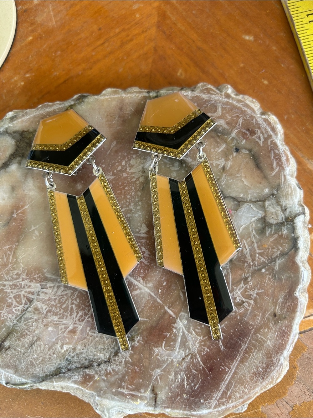 Vintage Art Deco Style Black & Yellow Clip-on Earrings - Picture 3 of 6